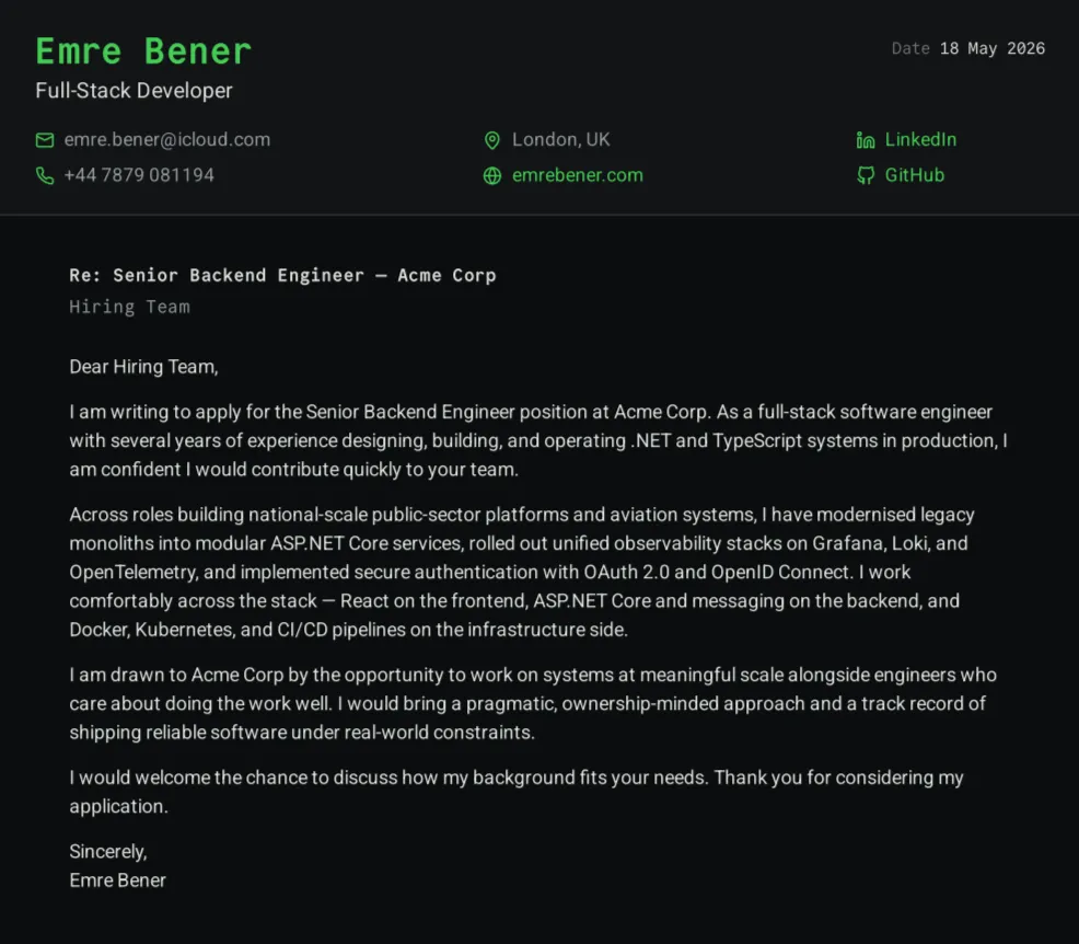 Cover letter pdf output